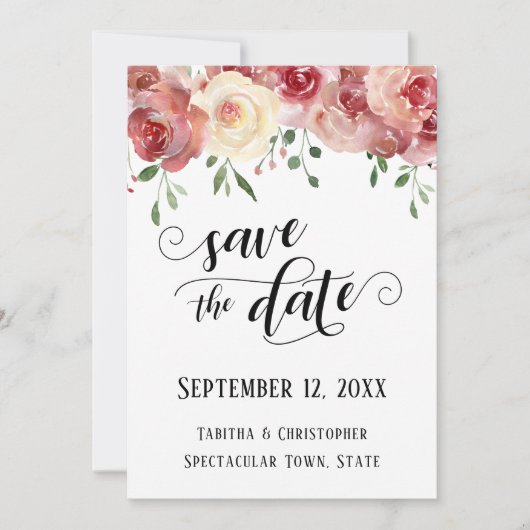 Bewaar de datum Calligrafie, Burgundy, Blush Rozen Save The Date (Voorkant)