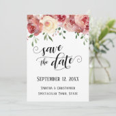 Bewaar de datum Calligrafie, Burgundy, Blush Rozen Save The Date (Staand voorkant)