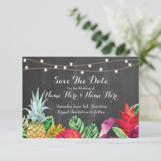 Bewaar de datum Chalk Rustic Aloha Tropical Lights Save The Date (Staand voorkant)
