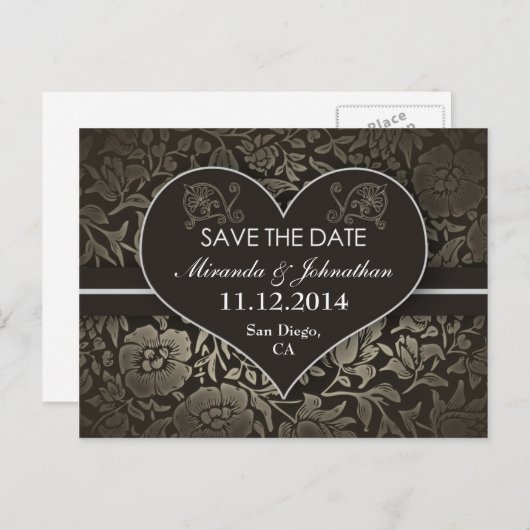 Bewaar de datum Damask Love Heart Post Cards Aankondigingskaart (Voorkant / Achterkant)