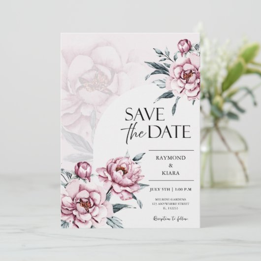 Bewaar de datum Dusky Pink Peony Wedding Save The Date (Staand voorkant)