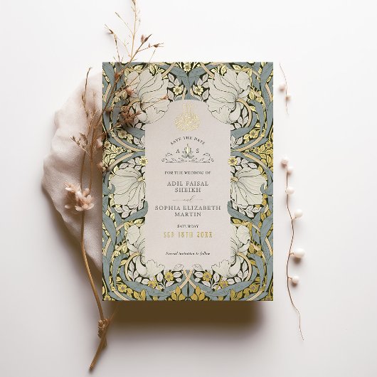 Bewaar de datum Dusty Blue Muslim Islamic Morris Folie Uitnodiging