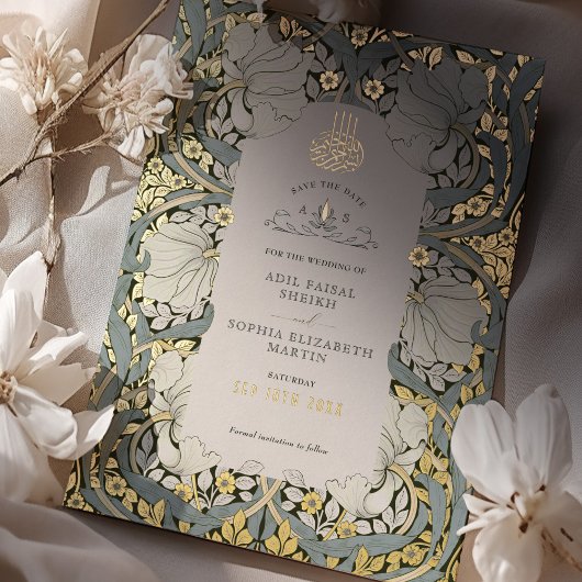 Bewaar de datum Dusty Blue Muslim Islamic Morris Folie Uitnodiging