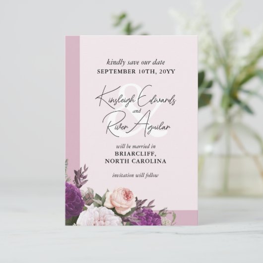 Bewaar de datum Dusty Mauve & Floral Kaart (Staand voorkant)