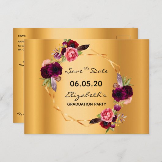 Bewaar de datum eindexamenfeest gouden bloemen 202 briefkaart (Voorkant / Achterkant)