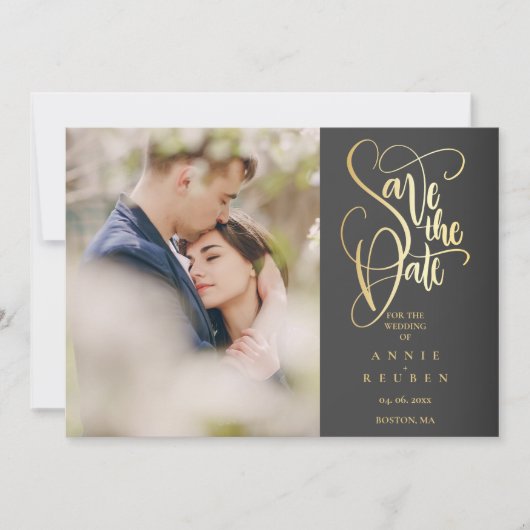 Bewaar de datum Elegante Chique Gouden Script Foto Kaart (Voorkant)