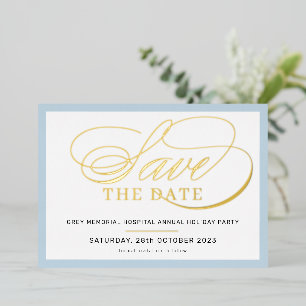 BEWAAR DE DATUM elegante fancy script bleke blauwe Folie Uitnodiging