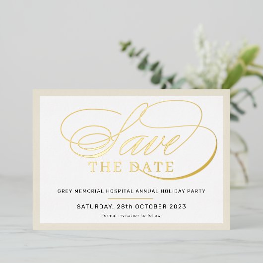 BEWAAR DE DATUM elegante fancy script ivoor goud Folie Uitnodiging (Staand Voorkant)