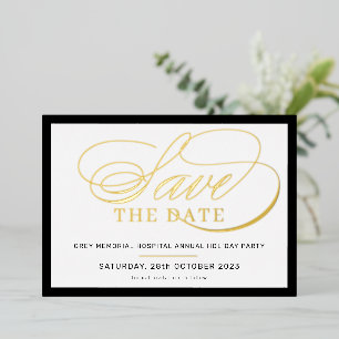 BEWAAR DE DATUM elegante fancy script zwart goud Folie Uitnodiging