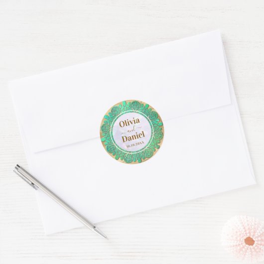Bewaar de datum, elegante moderne turquoise mandal ronde sticker (Envelop)