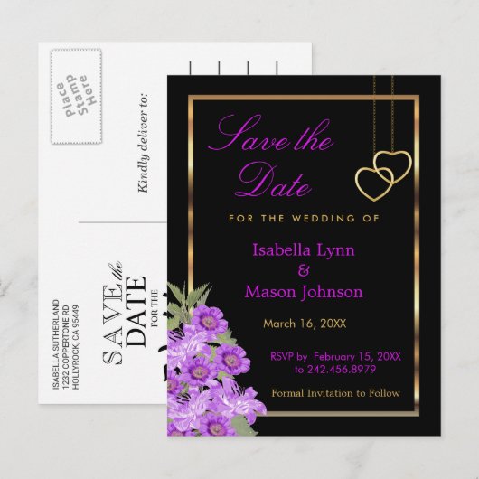 Bewaar de datum - Elegante paarse bloem bruiloft Aankondigingskaart (Voorkant / Achterkant)