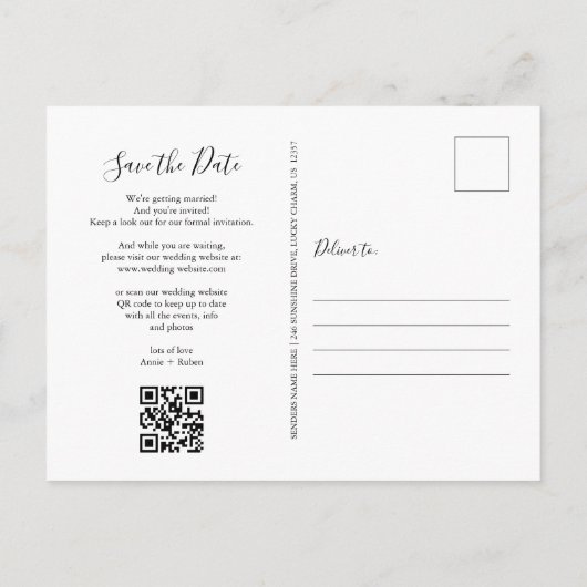 Bewaar de datum Elegante scriptie Foto QR-code Briefkaart (Achterkant)