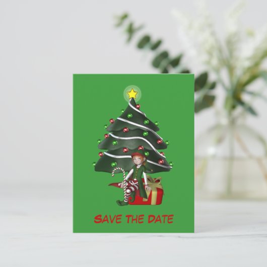 Bewaar de datum Elf kerstboom vakantie Briefkaart (Staand voorkant)