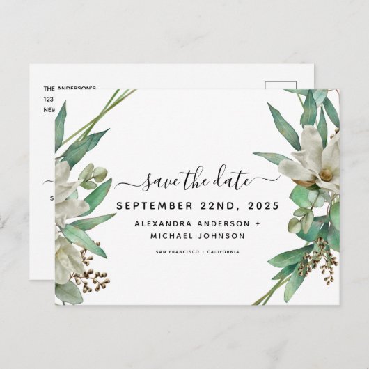 Bewaar de datum Eucalyptus Magnolia Greenery Aankondigingskaart (Voorkant / Achterkant)
