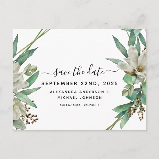 Bewaar de datum Eucalyptus Magnolia Greenery Aankondigingskaart (Voorkant)