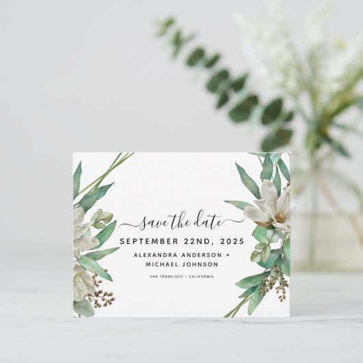 Bewaar de datum Eucalyptus Magnolia Greenery Aankondigingskaart (Staand voorkant)