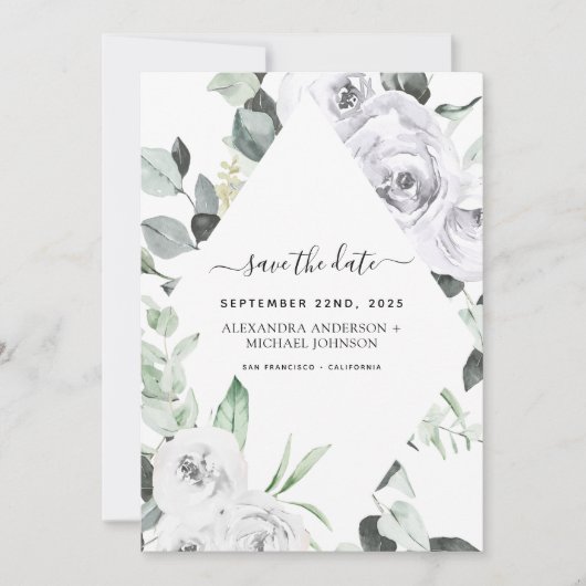 Bewaar de datum Eucalyptus White Floral Rozen Kaart (Voorkant)