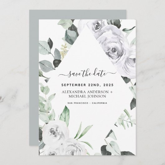 Bewaar de datum Eucalyptus White Floral Rozen Kaart (Voorkant / Achterkant)