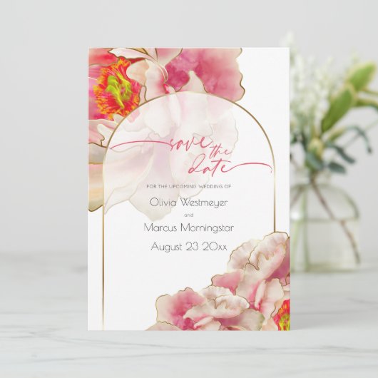 Bewaar de datum | Exotische Koraal Roze Pioen  Uit Kaart (Staand voorkant)