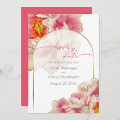 Bewaar de datum | Exotische Koraal Roze Pioen  Uit Kaart (Voorkant / Achterkant)