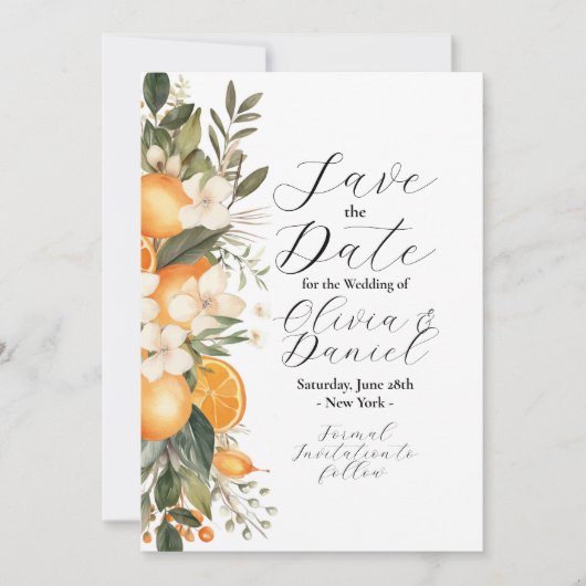 Bewaar de datum Floral Flowers Fruit Sinaasappels Save The Date (Voorkant)