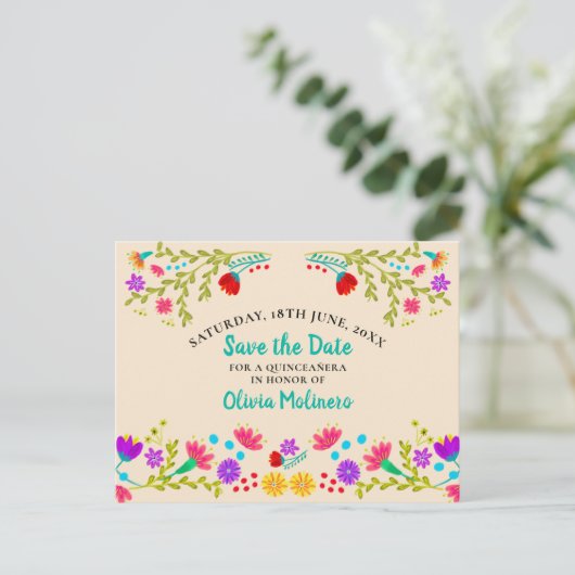 Bewaar de datum Floral Mexican Fiesta Champagne Aankondigingskaart (Staand voorkant)