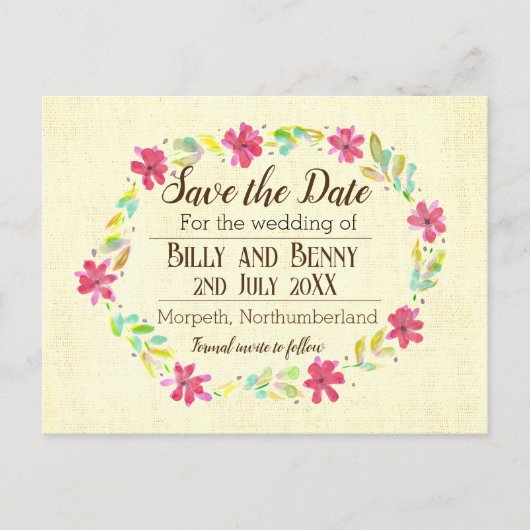 Bewaar de datum floral verouderd aankondigingskaart (Voorkant)