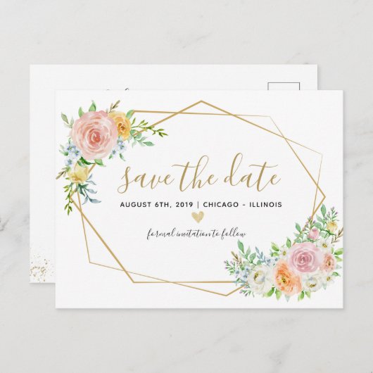 Bewaar de datum floral waterverf roze briefkaart (Voorkant / Achterkant)