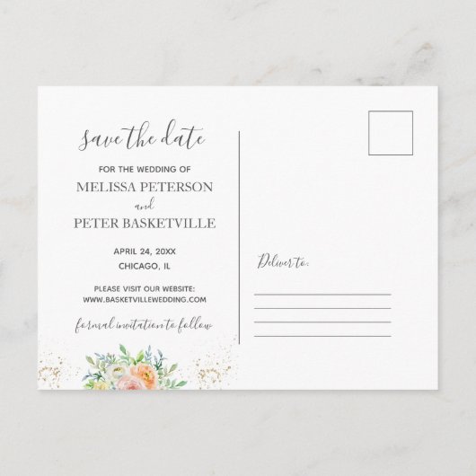 Bewaar de datum floral waterverf roze briefkaart (Achterkant)