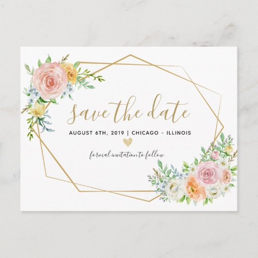 Bewaar de datum floral waterverf roze briefkaart (Voorkant)