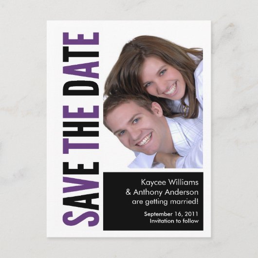 Bewaar de datum foto BRIEFKAART! Paarse en zwarte Aankondigingskaart (Voorkant)