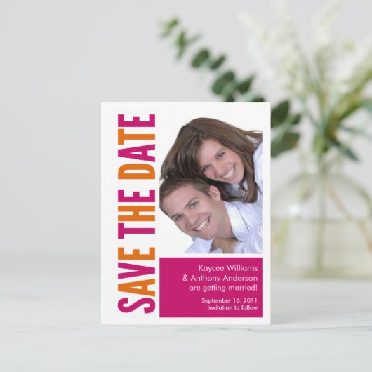 Bewaar de datum foto BRIEFKAART! Sinaasappel & Roz Aankondigingskaart (Staand voorkant)