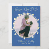 Bewaar de datum foto bruiloft blauw goud harten save the date (Voorkant)