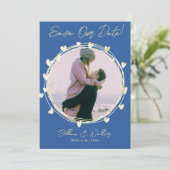 Bewaar de datum foto bruiloft blauw goud harten save the date (Staand voorkant)