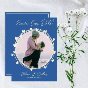 Bewaar de datum foto bruiloft blauw goud harten save the date