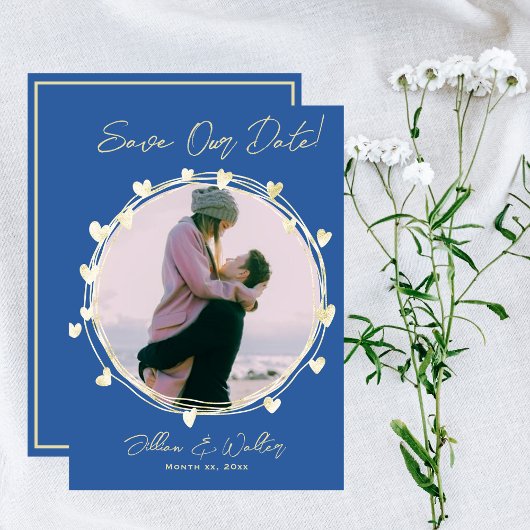 Bewaar de datum foto bruiloft blauw goud harten save the date