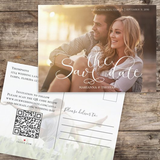 Bewaar de datum foto Elegante script QR-code Aankondigingskaart