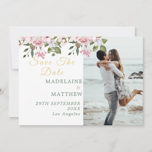 Bewaar de datum Foto Goud Bloemen Elegante bruilof Save The Date (Voorkant)