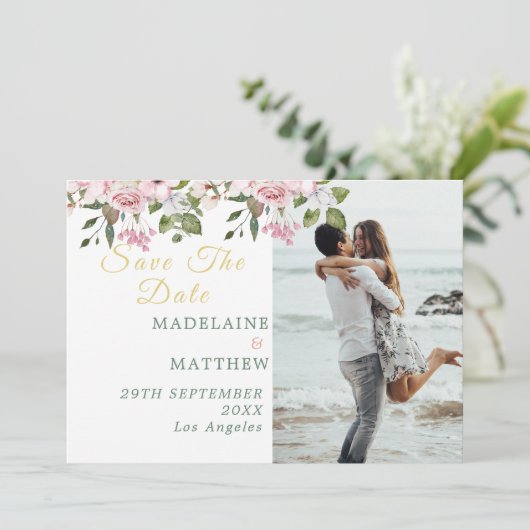 Bewaar de datum Foto Goud Bloemen Elegante bruilof Save The Date (Staand voorkant)