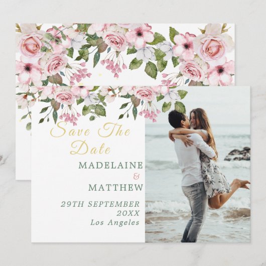 Bewaar de datum Foto Goud Bloemen Elegante bruilof Save The Date (Voorkant / Achterkant)