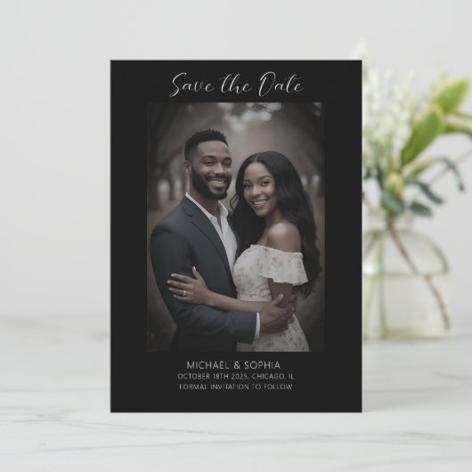 Bewaar de datum Foto Huwelijksaankondiging Zwart Save The Date (Staand voorkant)