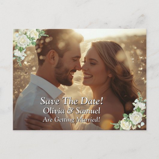 Bewaar de datum, foto - Kobalt Blauw & Wit Rozen Aankondigingskaart (Voorkant)