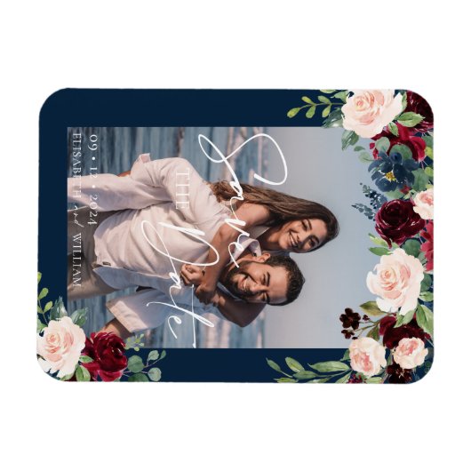 Bewaar de datum foto marineburgundy en blos magneet (Horizontaal)