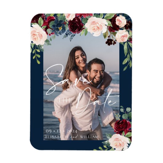 Bewaar de datum foto Navy Bourgondië en Blush Magneet (Verticaal)