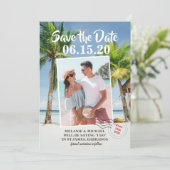 Bewaar de datum foto tropische bagage label save the date (Staand voorkant)