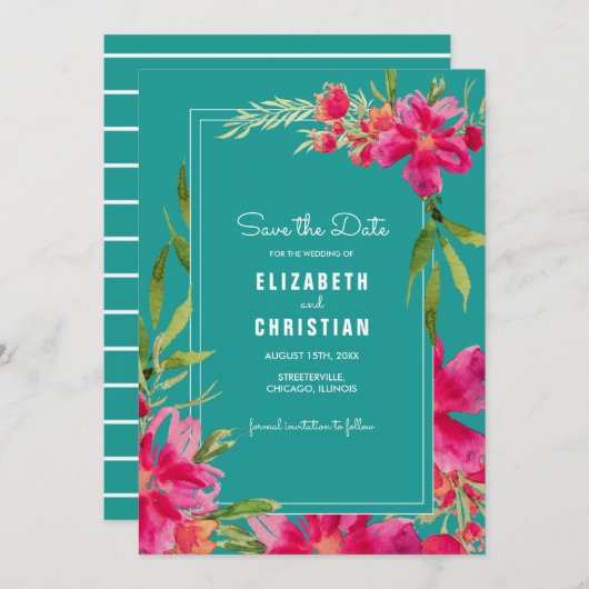 Bewaar de datum. Fuchsia Turquoise Bloemige Aquare Kaart (Voorkant / Achterkant)