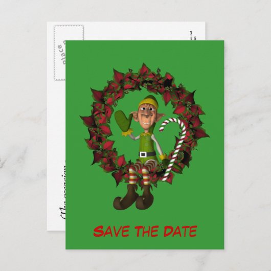 Bewaar de datum Funny Elf op krans vakantie Aankondigingskaart (Voorkant / Achterkant)