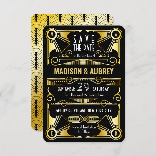Bewaar de datum Gatsby Bruiloft Art Deco Goud Zwar Save The Date (Voorkant / Achterkant)