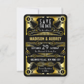 Bewaar de datum Gatsby Bruiloft Art Deco Goud Zwar Save The Date (Voorkant)