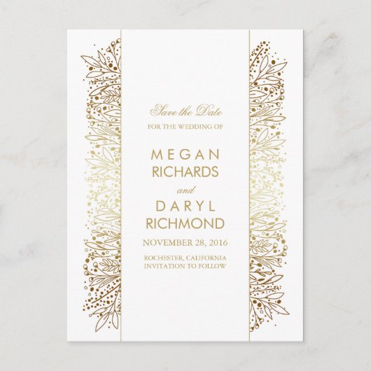 Bewaar de datum - Gold Baby's Breath Filigree Aankondigingskaart (Voorkant)